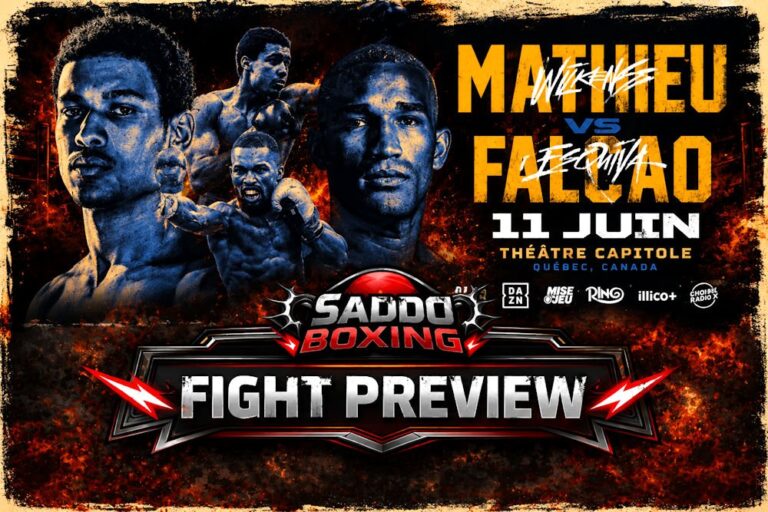 Saddo Boxing fight preview graphic featuring Wilkens Mathieu vs Esquiva Falcao ahead of their super middleweight showdown in Quebec, Canada.