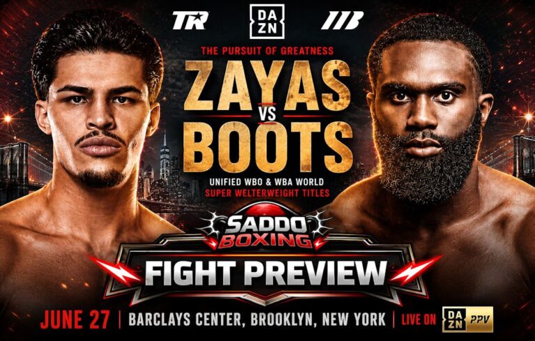 Xander Zayas and Jaron Ennis face off in a Saddo Boxing fight preview graphic ahead of their unified super welterweight world title clash at Barclays Center in Brooklyn on June 27.