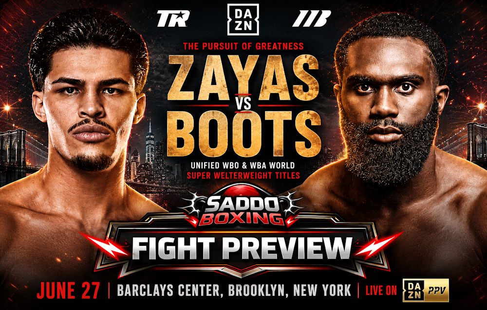 Xander Zayas and Jaron Ennis face off in a Saddo Boxing fight preview graphic ahead of their unified super welterweight world title clash at Barclays Center in Brooklyn on June 27.