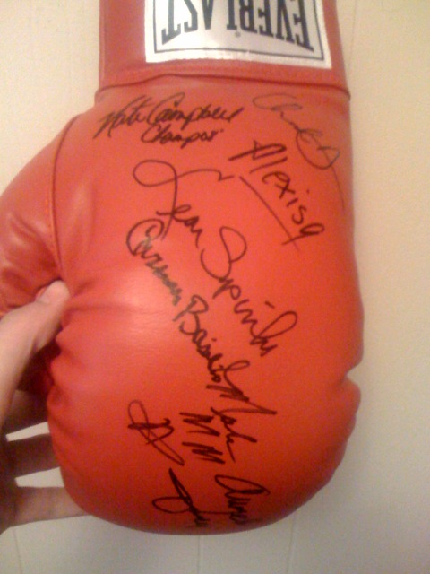 Glove includes sigs of:
Alexis Arguello
Nate Campbell
Chad Dawson
Aaron Pryor
Carmen Basilio
Angelo Dundee
Leon Spinks 
Marlon Starling